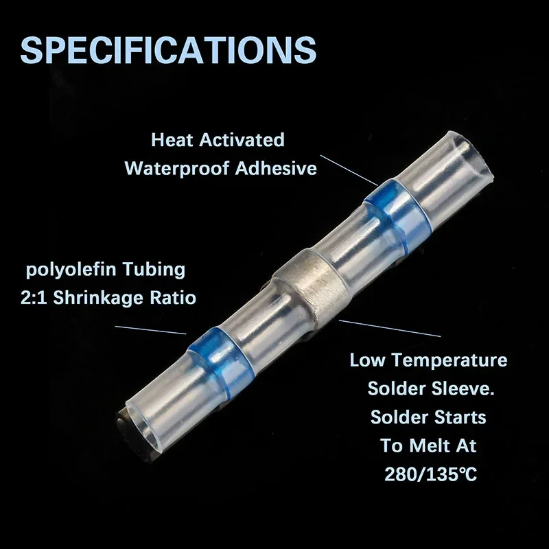 500/1000PCS Waterproof Solder Seal Sleeve Splice Terminal Tinned Copper Heat Shrink Electrical Wire Butt Connector AWG16-14 Blue