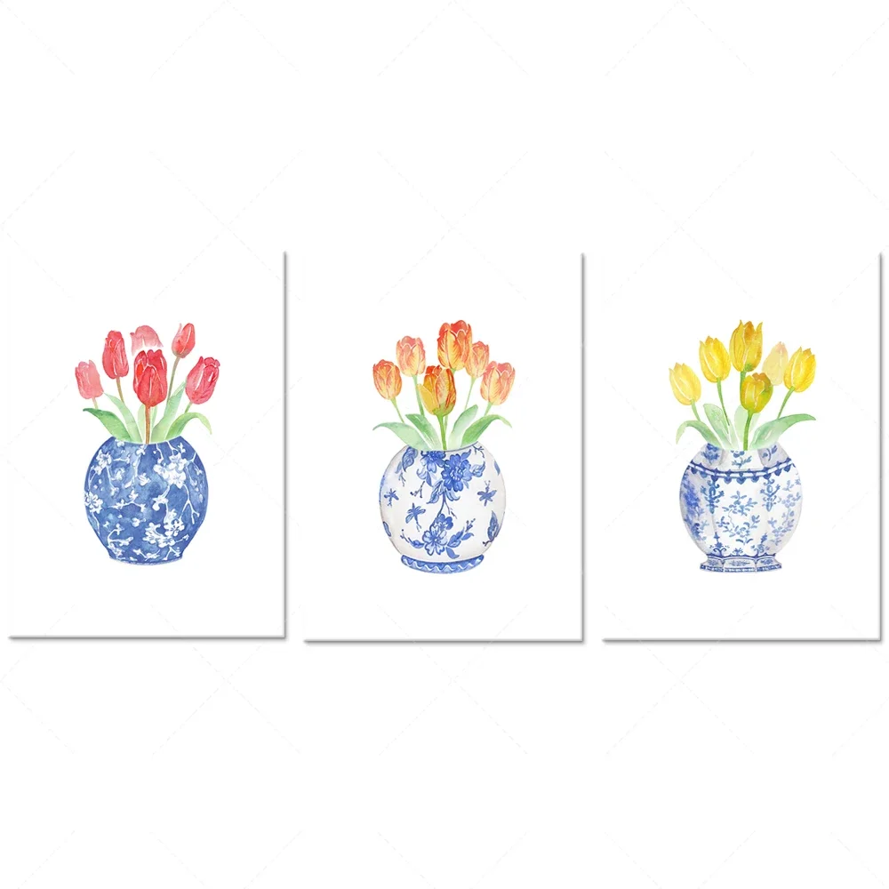 

Watercolor tulip vase printable art set 3 pieces, tulip painting watercolor art tulip print Chinese style Dutch art print poster
