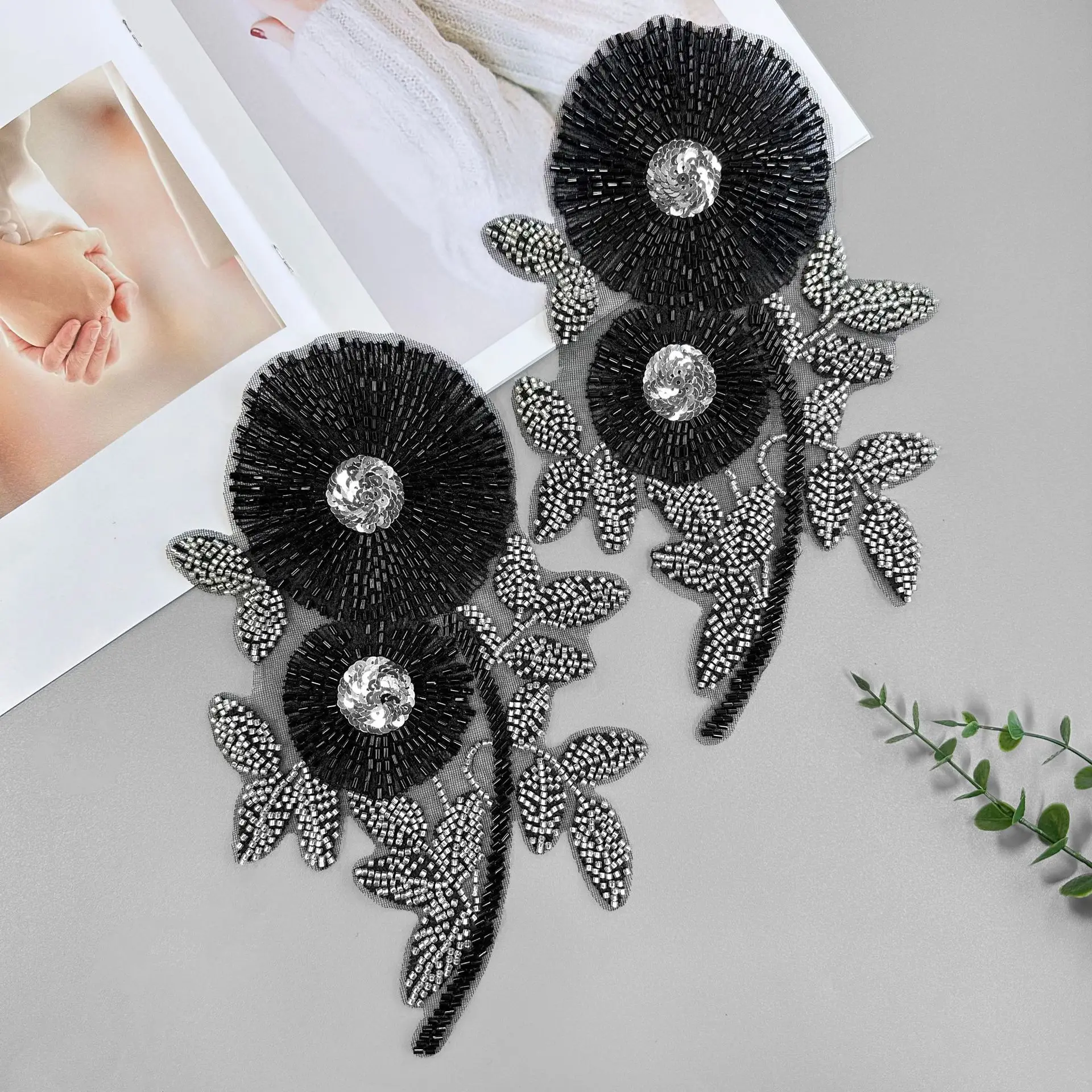 

New black mesh hand-beaded flower embroidery accessories fabric patch