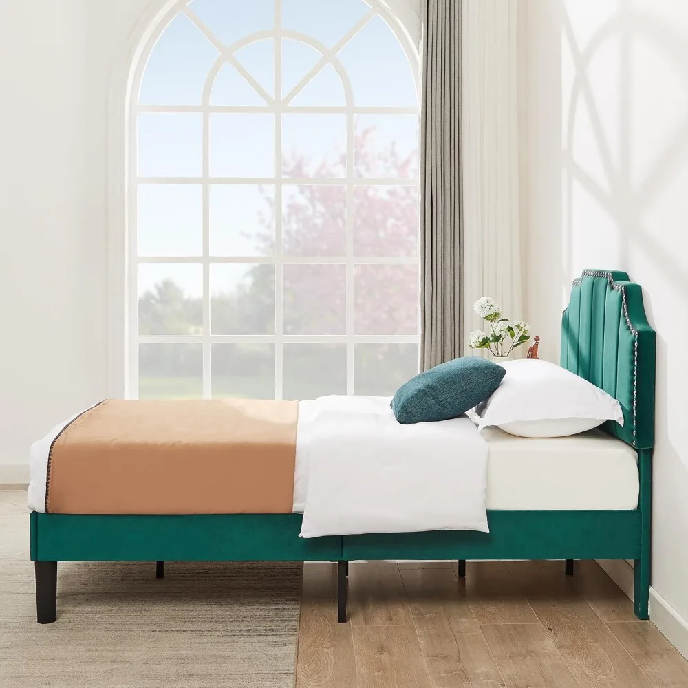 إطار سرير بمنصة منجدة مزدوجة للأطفال مع لوح رأسي قابل للتعديل، سهل التجميع، أخضر داكن #4