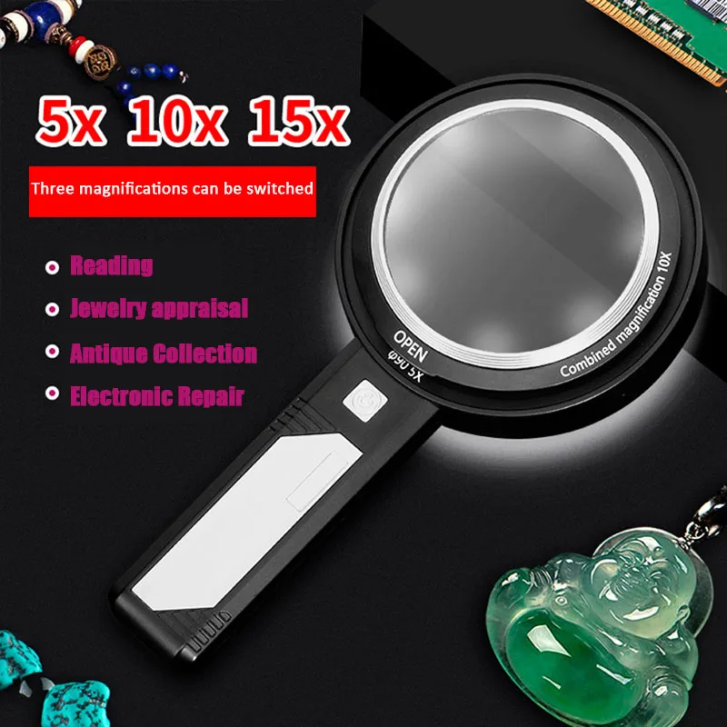 Handheld Magnifier 5X 10X 15X Illuminated Magnifier Glass Aid Reading for Seniors loupe Jewelry Repair Tool with 8 LED Lights