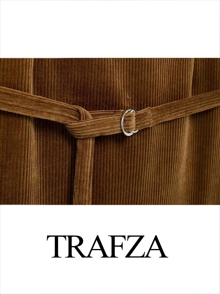 TRAFZA ฤดูร้อนผู้หญิง Retro Corduroy เข็มขัดตกแต่ง Slim Dress แฟชั่นรอบคอซิปตกแต่งผู้หญิง Midi กระโปรง Y2K