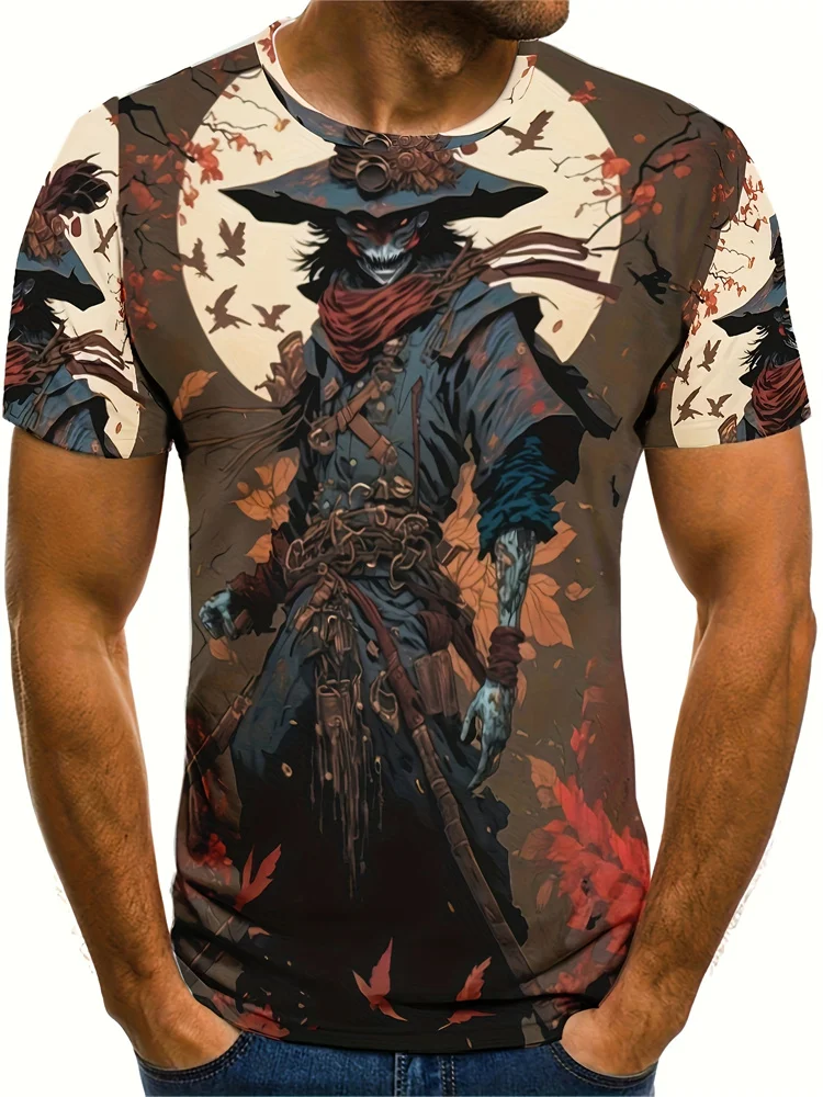 

3D Samurai Print Men's T-shirt Summer Casual Fashion Dazzling Cool Men Clothing Loose Oversized Crew Neck Short Sleeve Pullovers