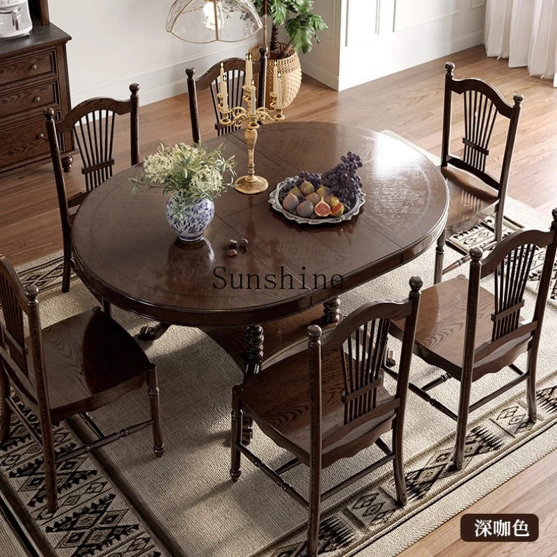 American retro solid wood dining table and chair combination retractable variable round dining table