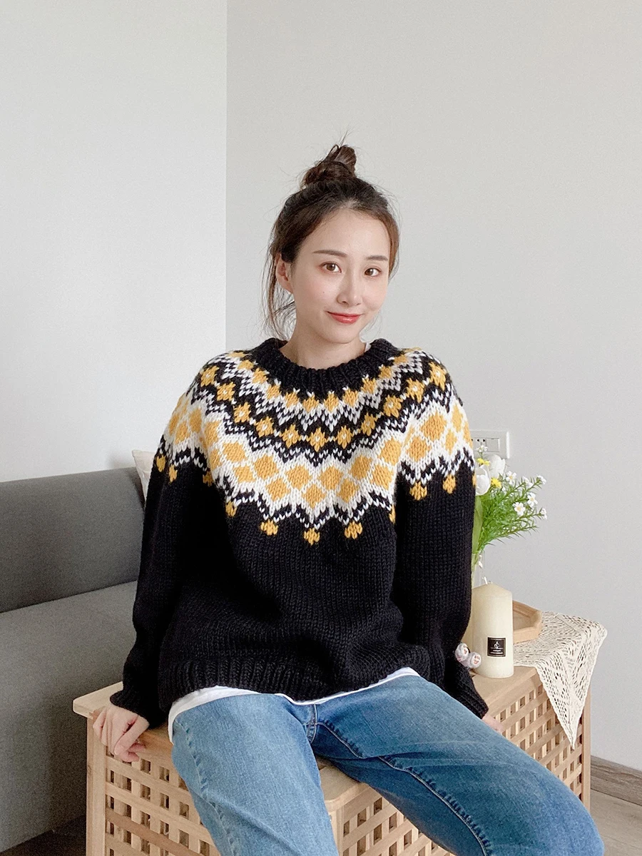 102-114cm Bust Fall Winter Pullovers Original Design Women Fair Isle Vintage Pure Handmade Thick Warm 100% Wool Sweaters Jumper