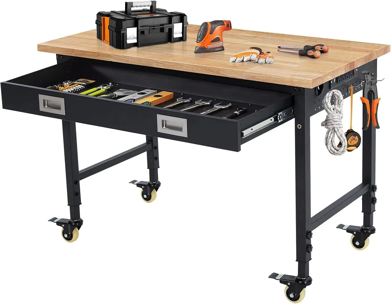 Adjustable Height 48 Inch Work Bench Heavy Duty Portable Workbench Power Outlets Drawer Garage Workshop 2000 LBS Load Capacity W