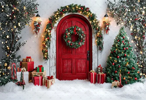 Fondo de fotografía invierno Navidad puerta de madera bosque árbol de Navidad niños retrato familiar decoración telón de fondo estudio fotográfico