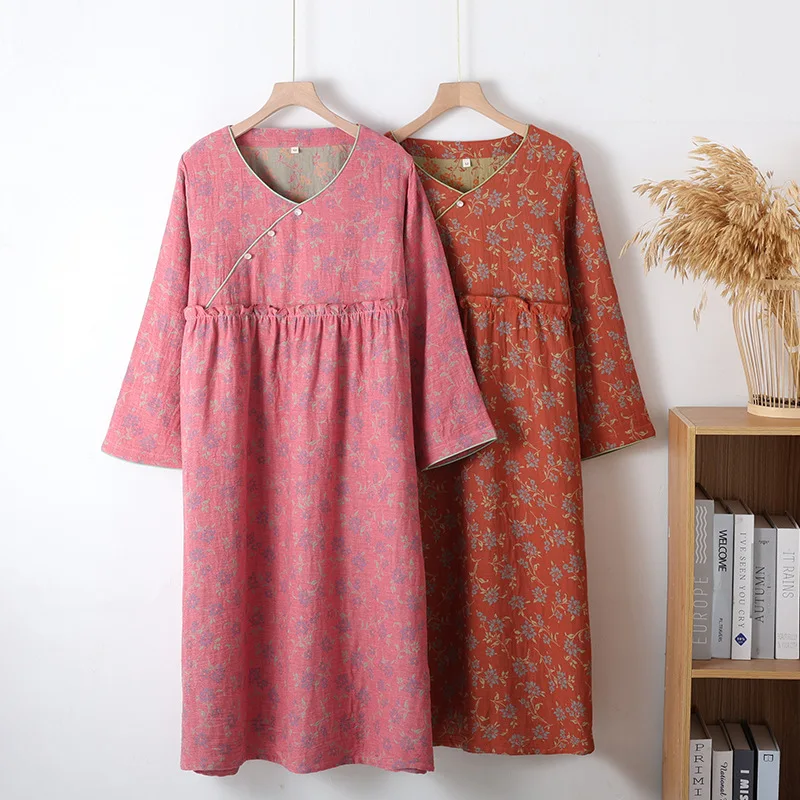 

Women's Nightgown Pajamas Dress 2025 Autumn New Pure Cotton Nightwear Ladies Home Wear Nighty Night Dress Women Sleepwear