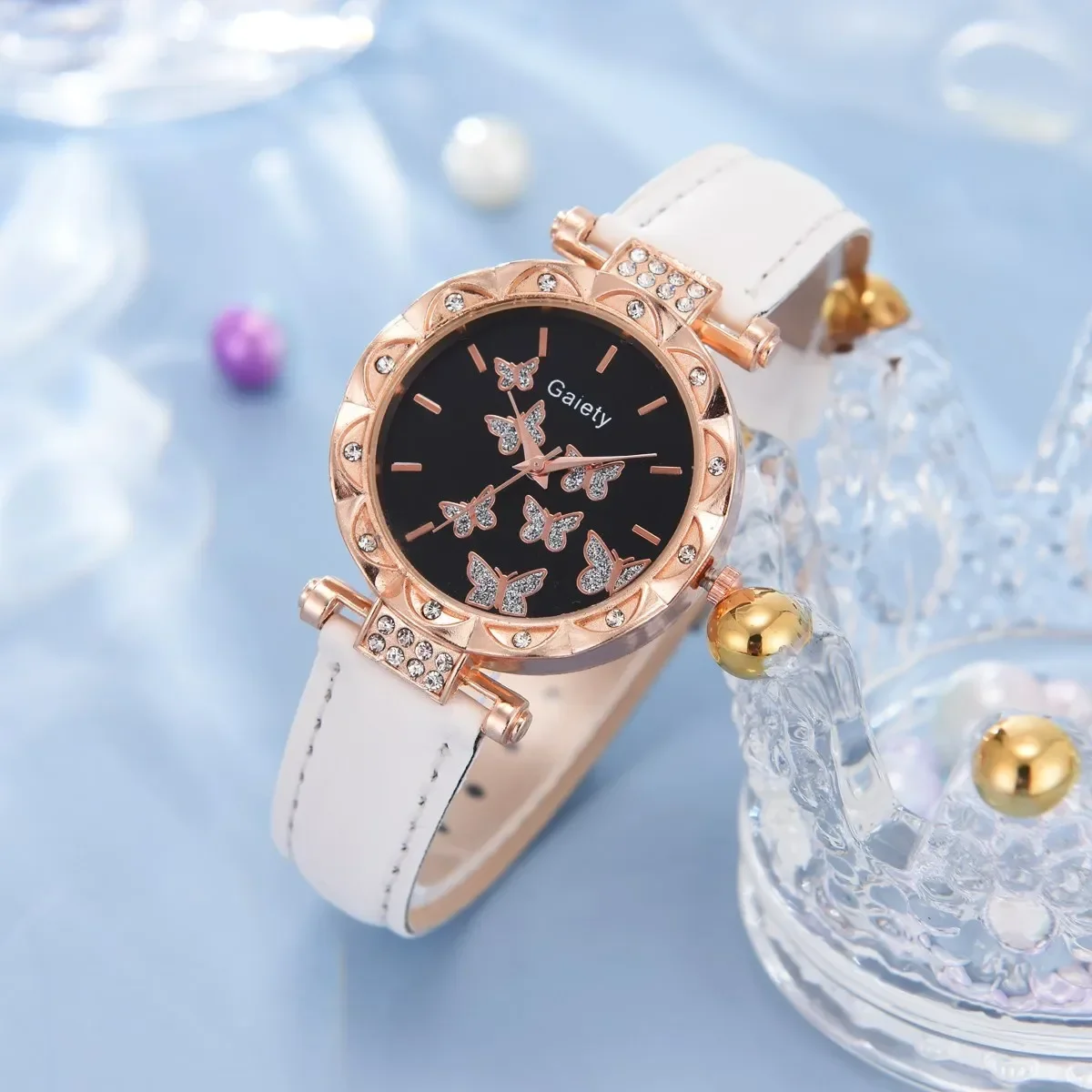 6pcs Luxury Watch for Women Ring Necklace Earrings Bracelet Set Watches Butterfly Leather Strap Ladies Quartz Wristwatch No Box