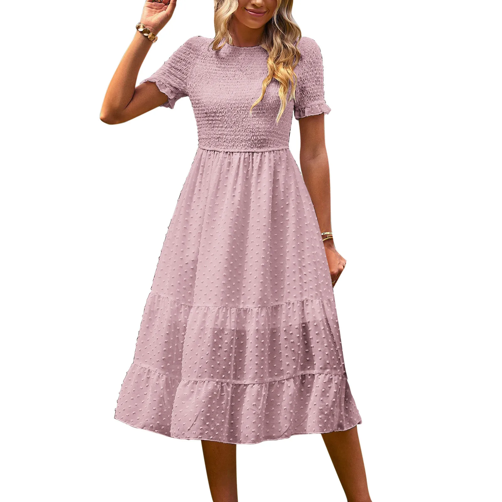 2023 New Summer Women Casual Boho Short Sleeve Jacquard Smocked Midi Dress Crew Neck Casual Tiered Dresses Vestidos Mujer