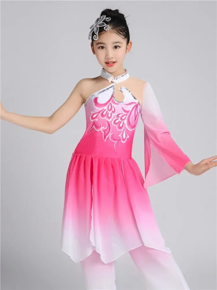 Dziewczęce stroje do tańca z wachlarzami, z jednym rękawem, w stylu chińskim Yangko, eleganckie cekinowe stroje Hanfu do tańca.