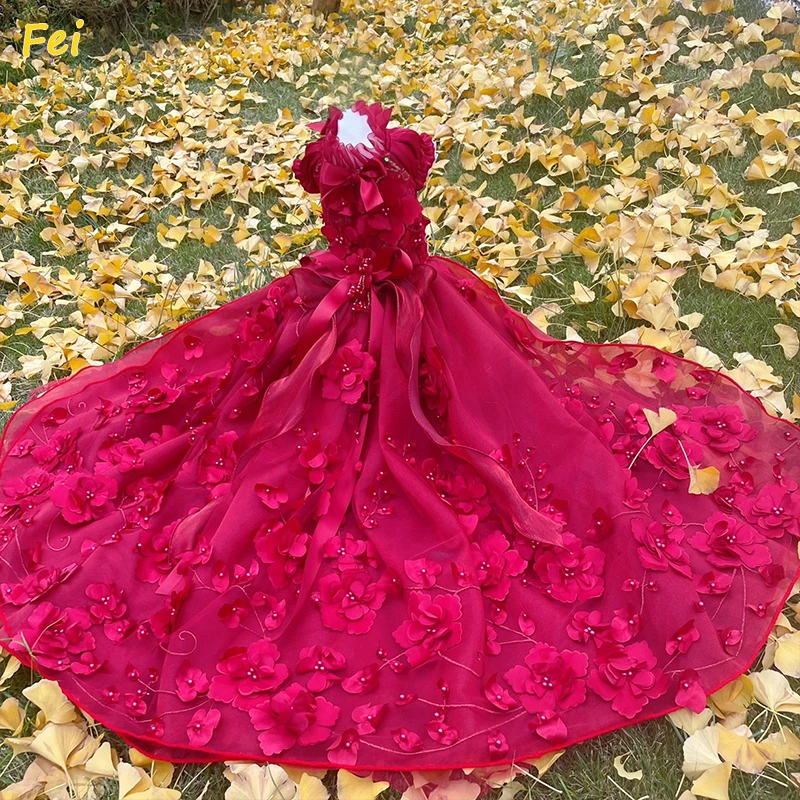 

High-end Luxury Pet Clothes Fashion Royal Red Handmade Lace Flower Bow Long Tail Princess Dress For Small Medium Dog Puppy Coat