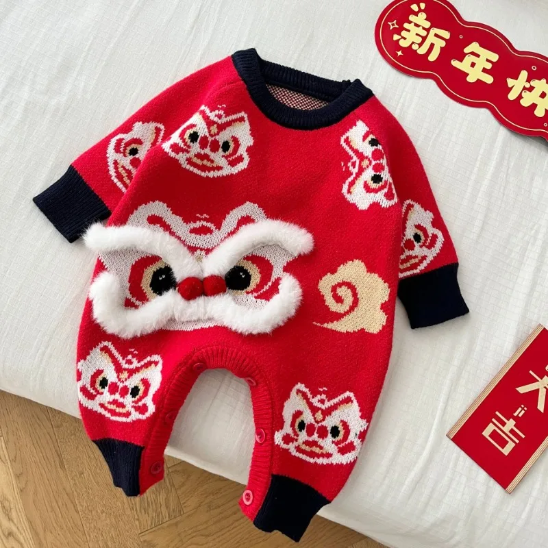 

Baby Red New Year's Eve Suit for Babies Aged 0-2 in Spring Autumn Babies Festive Thickened Jumpsuit Baby Clothing Fashion