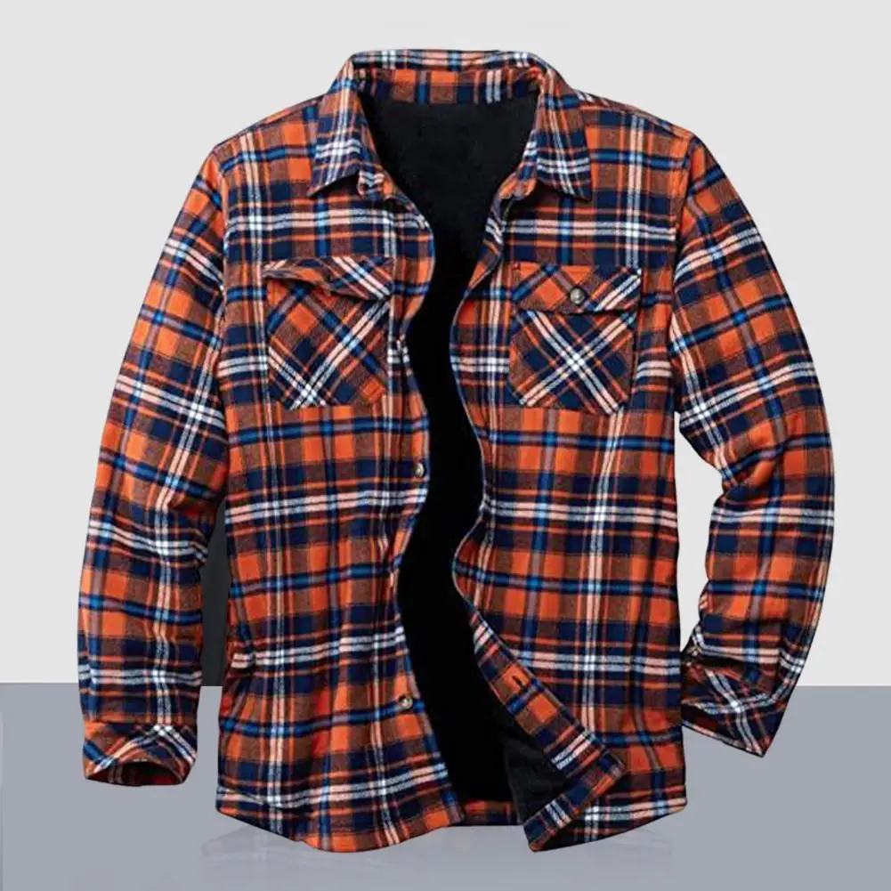 Winter Men Jacket Plaid Multi Pockets Long Sleeve Keep Warm Autumn Thicken Plush Lining Coat Thicken Buttons Shirt for Working