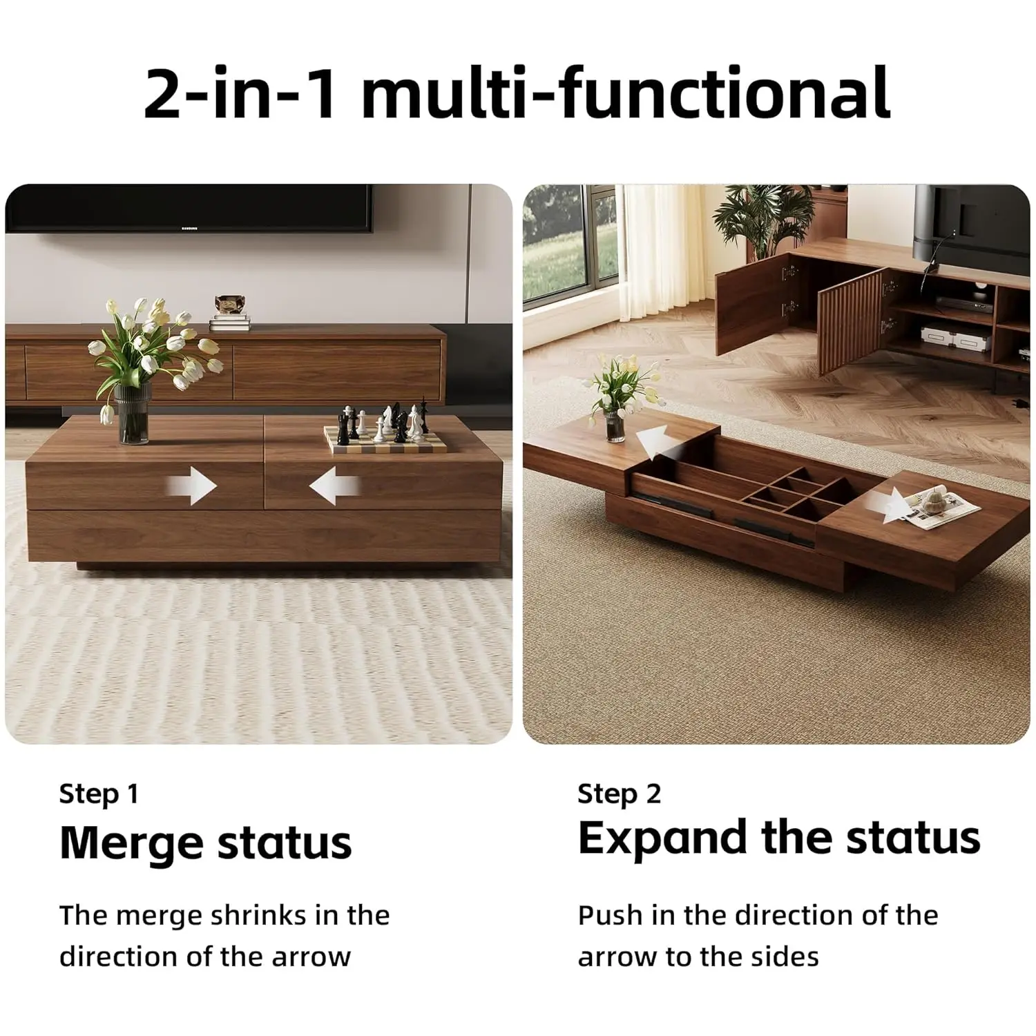 Mid-Century Expandable Coffee Table With Storage – 47.2"-81.9" Adjustable Center Table For Living Room, Walnut Wood Finish