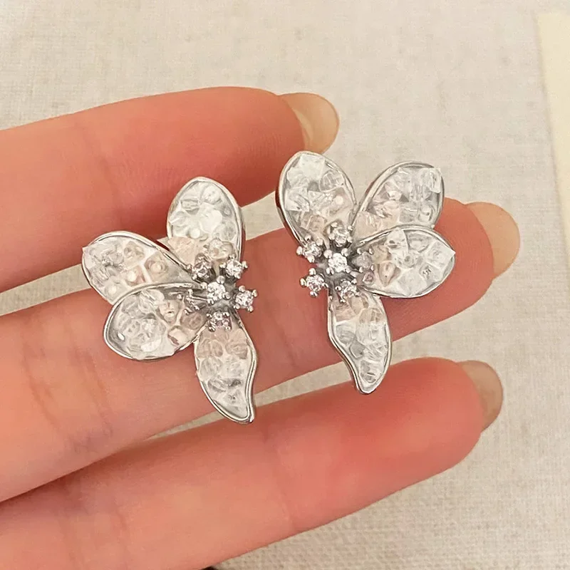 

925 Sterling Silver Charming Pink Crystal Flower Heart Fish Tail Butterfly Stud Earrings for Women Cute Fine Jewelry Accessories