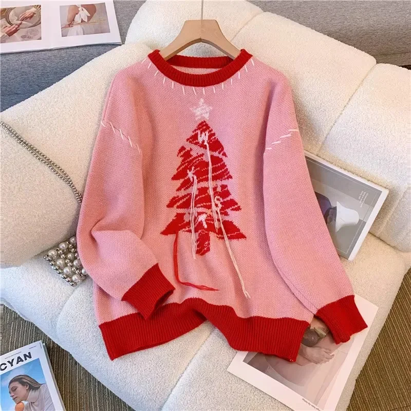 DAYIFUN-Christmas Tree Tassel Design Sweaters Women Autumn Winter Round Neck Contrast Knitted Pullovers Soft Jumpers Top Fashion