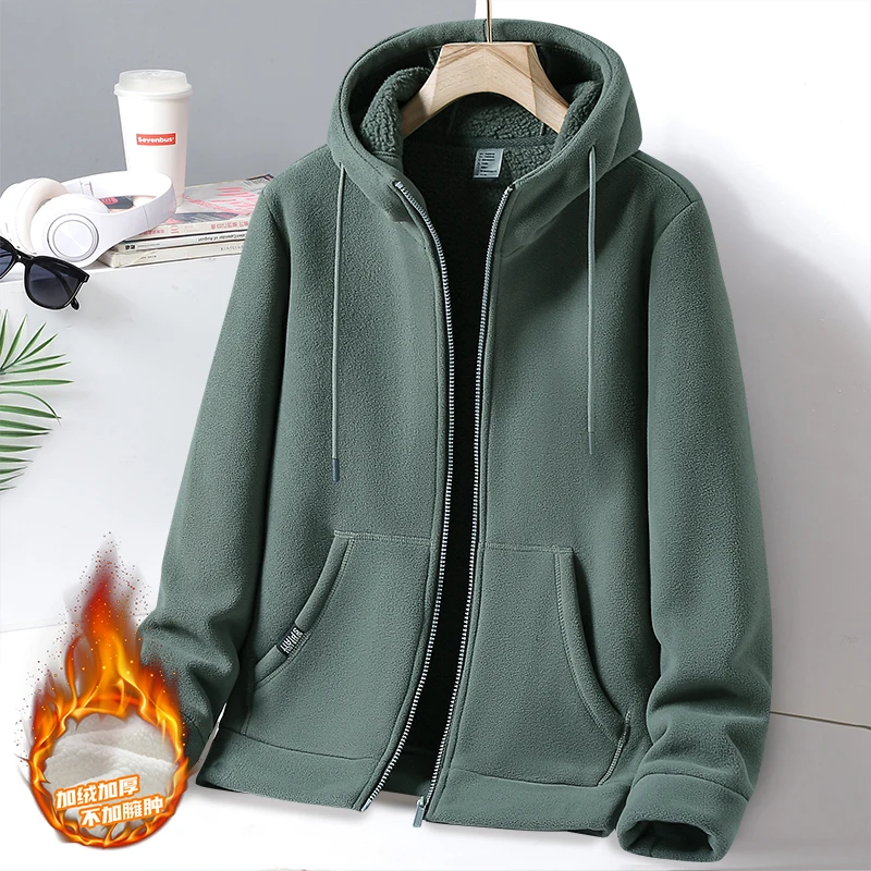 

Men's fleece coat, autumn and winter thickened warm hoodie, multi-color optional, solid color hooded casual coat