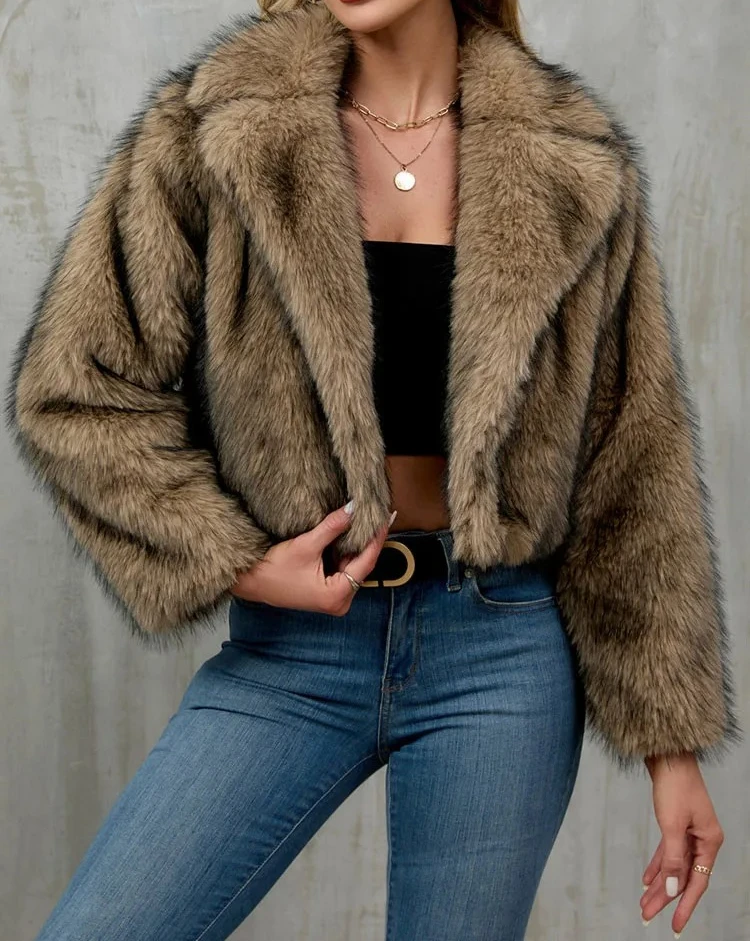 

Пушистая плюшевая куртка, женская теплая верхняя одежда с отложным воротником из толстого искусственного меха