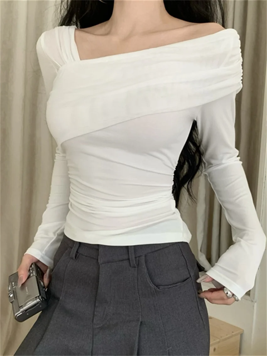 Alien Kitty Summer Off Shoulders Tees New Slim Women Sexy Chic Solid 2024 Patchwork Mesh Full Sleeve Gentle T-Shirts Casual