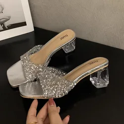 Women's High Heels Summer New Square Head Shallow Mouth Women's Rhinestone Flip-flops Crystal Thick Heel Slippers
