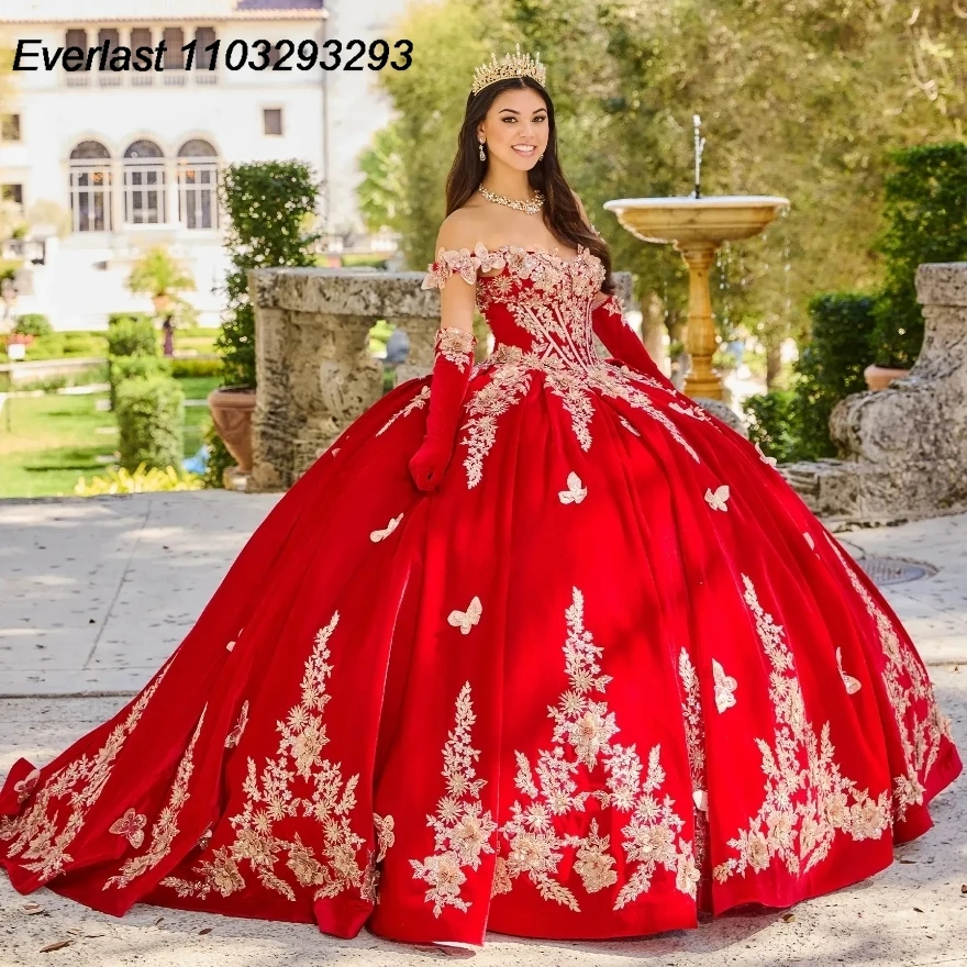 Evlast Paars Fluweel Quinceanera Jurk Baljurk Gouden Vlinder Kanten Applique Kralen Mexico Sweet 16 Vestido 15 De Xv Años Tqd188