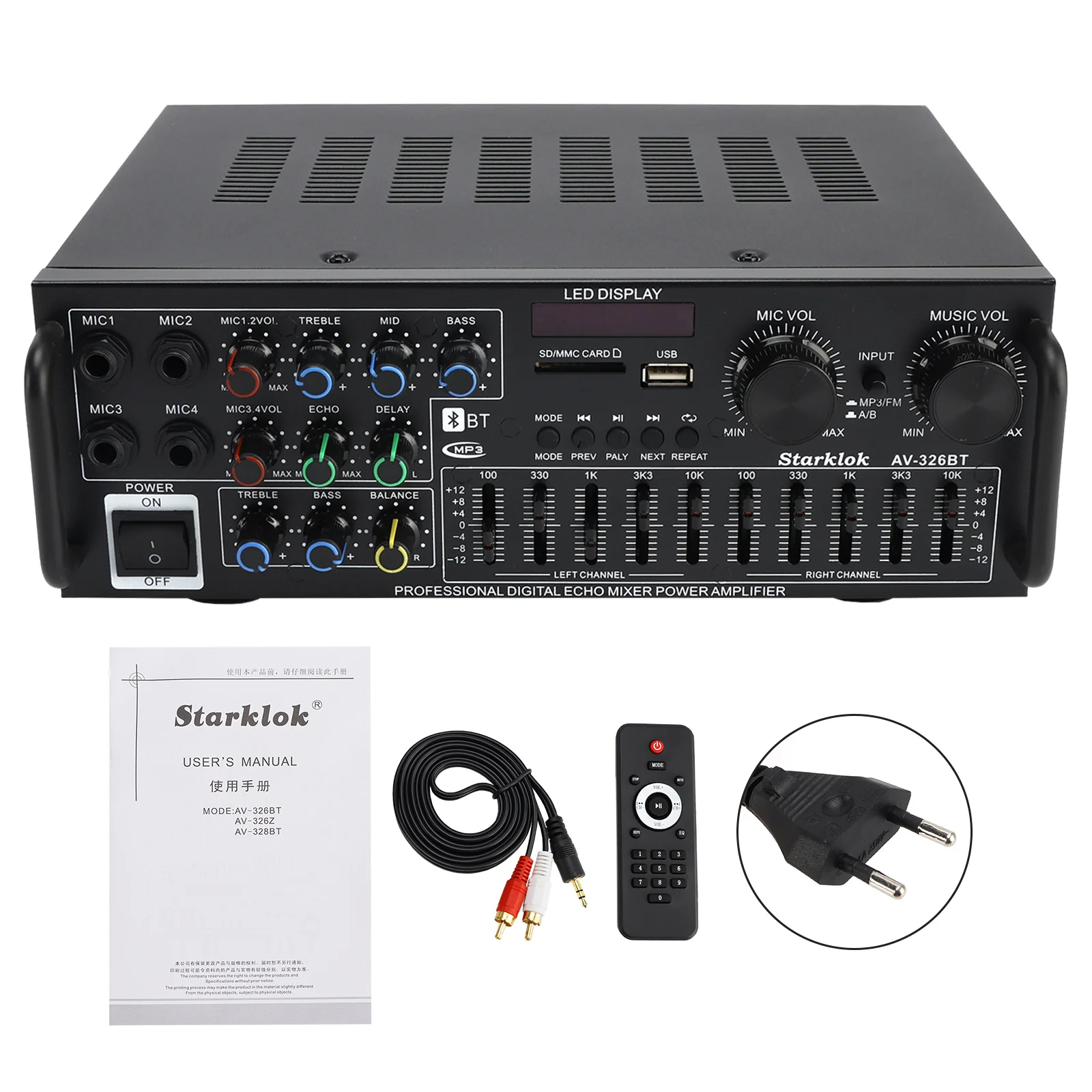2500W Spitzenleistung Stereo HiFi Leistungsverstärker Bluetooth 5.4 Karaoke FM USB EQ Mixer