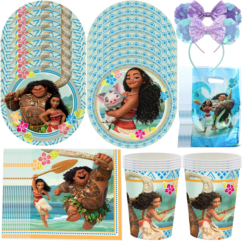 New Disney Moana Birthday Party Decoration Kids Moana Princess Paper Plates Napkins Cups Tablecloth Balloon Baby Shower Supplies