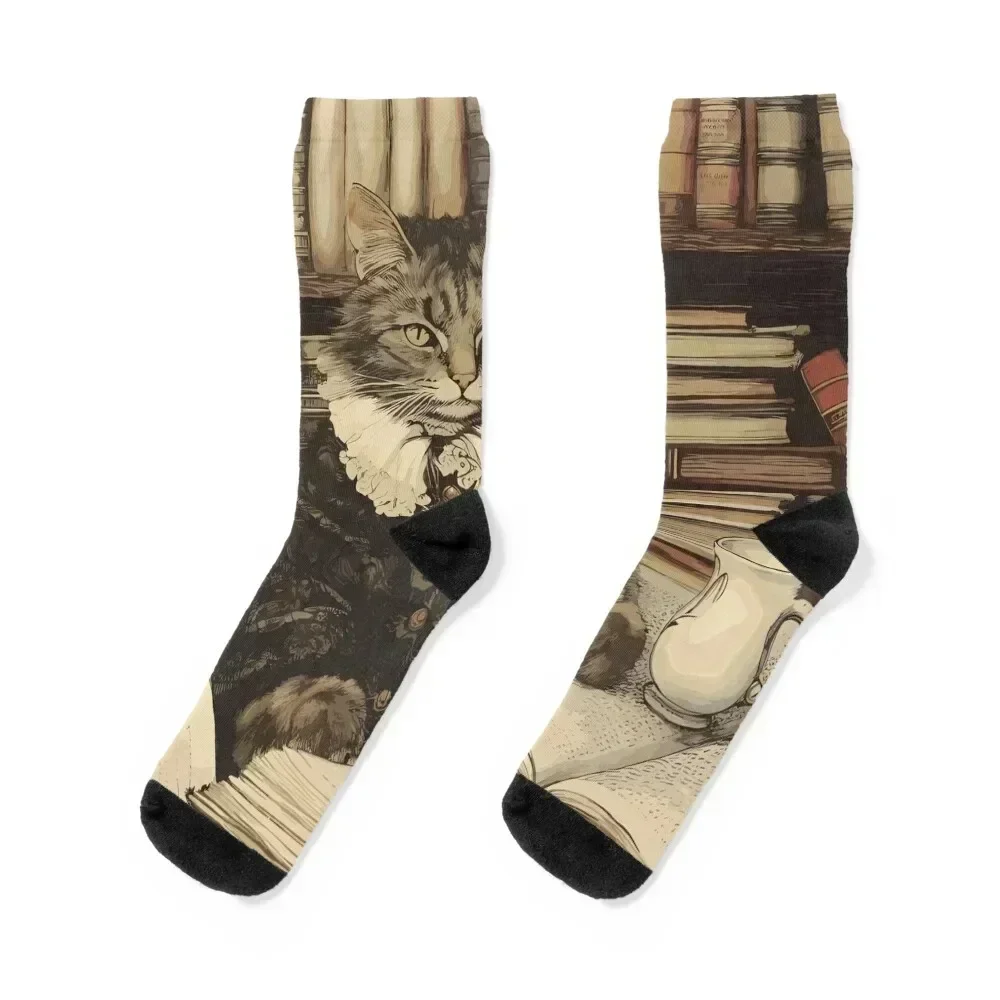 Librarian Cat Studying - Dark Academia Aesthetic Socks gym hockey compression Men Socks Luxury Brand Women's