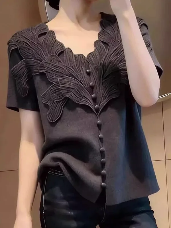 

Fashionable V-Neck Short Sleeve Knit Top Unique Anti-Aging Versatile Stylish Commuting Trendy T-Shirt Summer 2026 Polyester F...