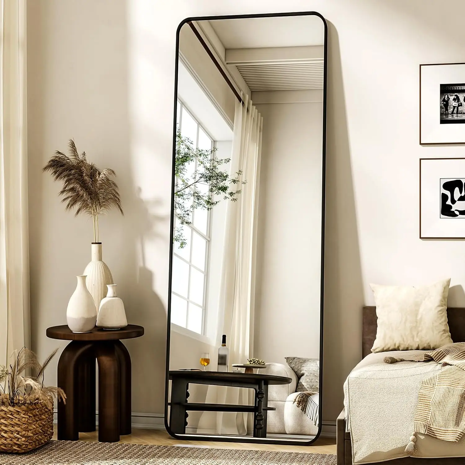 56x21 Inch Full-Length Mirror with Stand, Rounded Corners for Safety, Wall Mount or Lean, Black Frame