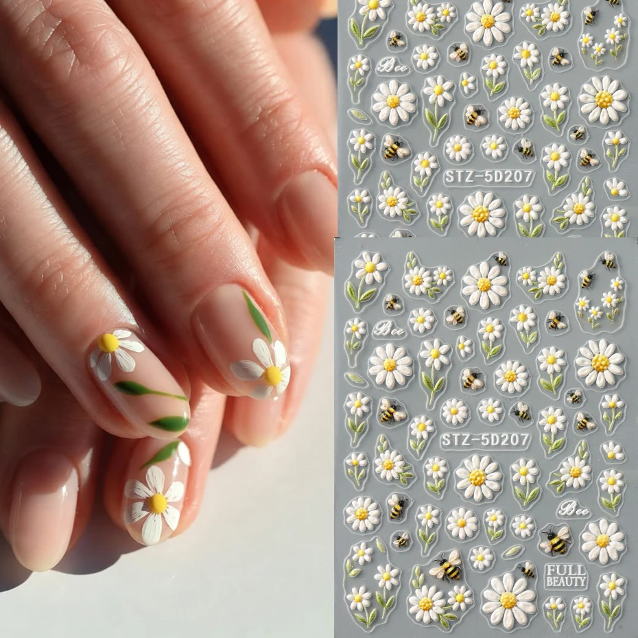 Entzückende Gänseblümchen-Blumen-Nagelaufkleber mit niedlichen Bienen, Gänseblümchen und Blumen-Design, selbstklebende 5D-Nagelsticker für Nagelkunst.