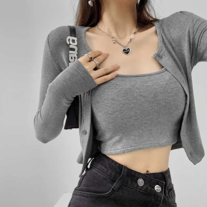 

Женские комплекты, куртки, тонкие базовые однотонные универсальные топы в стиле Ulzzang, укороченные топы на бретельках, сексуальные модные классические минималистичные горячие девушки Y2k