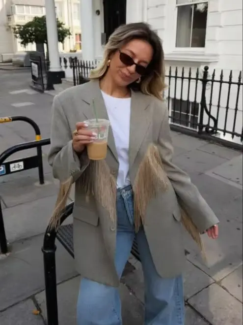 Effortless Loose Blazer Fringe Designers Vintage Fashion Loose Ladies Outerwear Casual Laid‑back Women Autumn Street Outfit