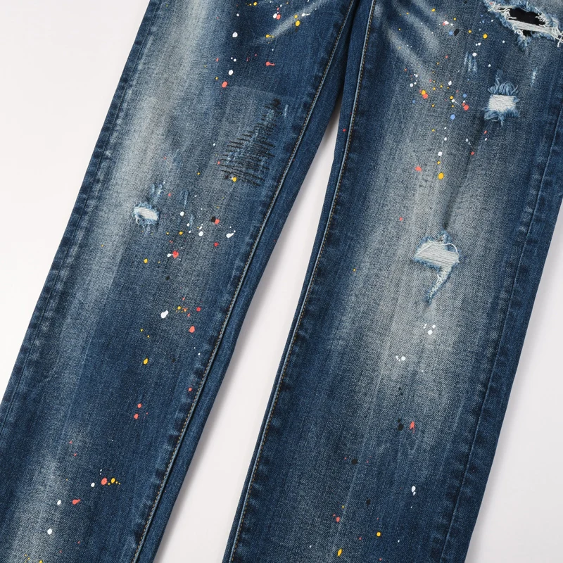 

Street fashion men's jeans retro blue painted elastic slim fit corrugated jeans men's painted designer hip-hop brand pants Hombr