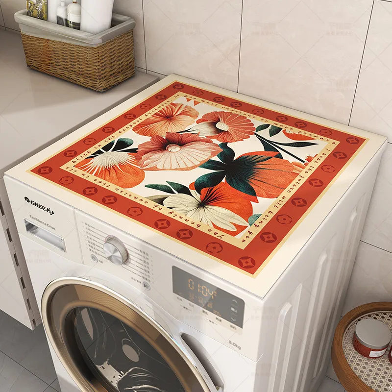 VIKAMA Retro Oil Painting Flower Washing Machine Top Mat Red Frame Text Waterproof Anti Dust Pad For Laundry Dryer Surface
