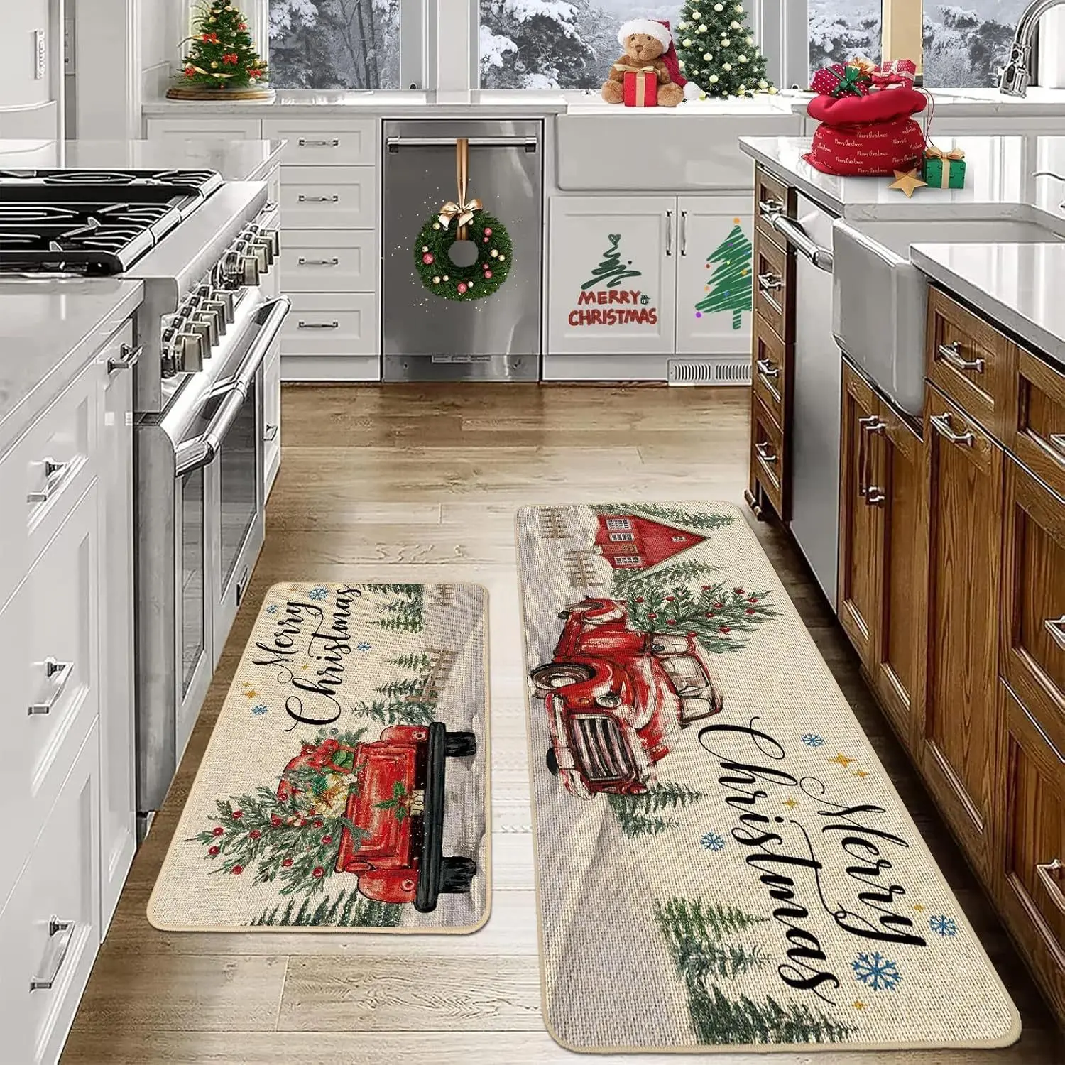 VIKAMA 1/2pcs Christmas Kitchen Carpet, Long Corridor Carpet, Entrance Carpet, Anti-Slip And Absorbent, Home Decoration