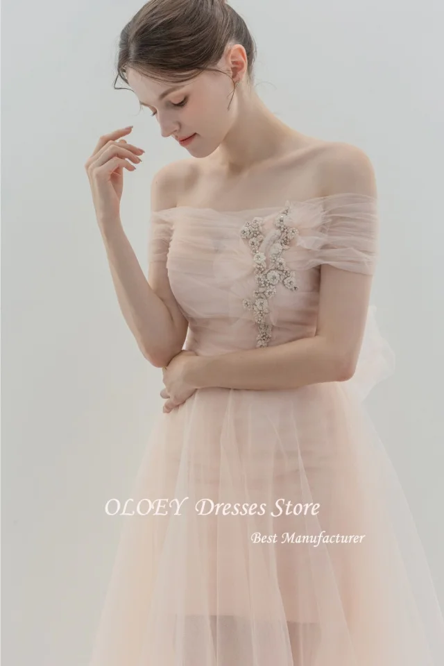 OLOEY 핑크 공주 한국 웨딩 드레스 a 라인 오프 숄더 댄스 파티 드레스 바닥 길이 사진 Shooy 댄스 파티 드레스