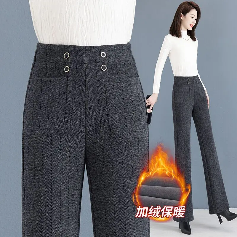 

2024 Autumn Winter Women Vintage Elegant Woolen Fleece Warm Flare Pants Office Lady High Waist Slim Pockets Trousers Pantalones