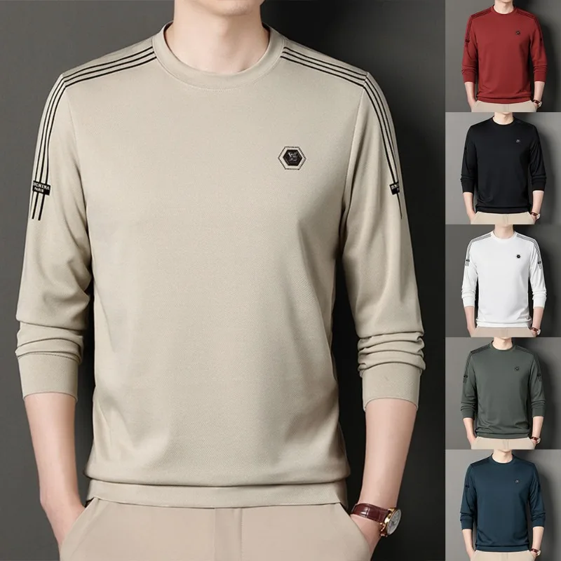 New Men's Round Neck Long Sleeve Pullover Shirt Fashion Casual Soft Skin Friendly Jacquard T-shirt Trend Chic Tee Men's Clothing