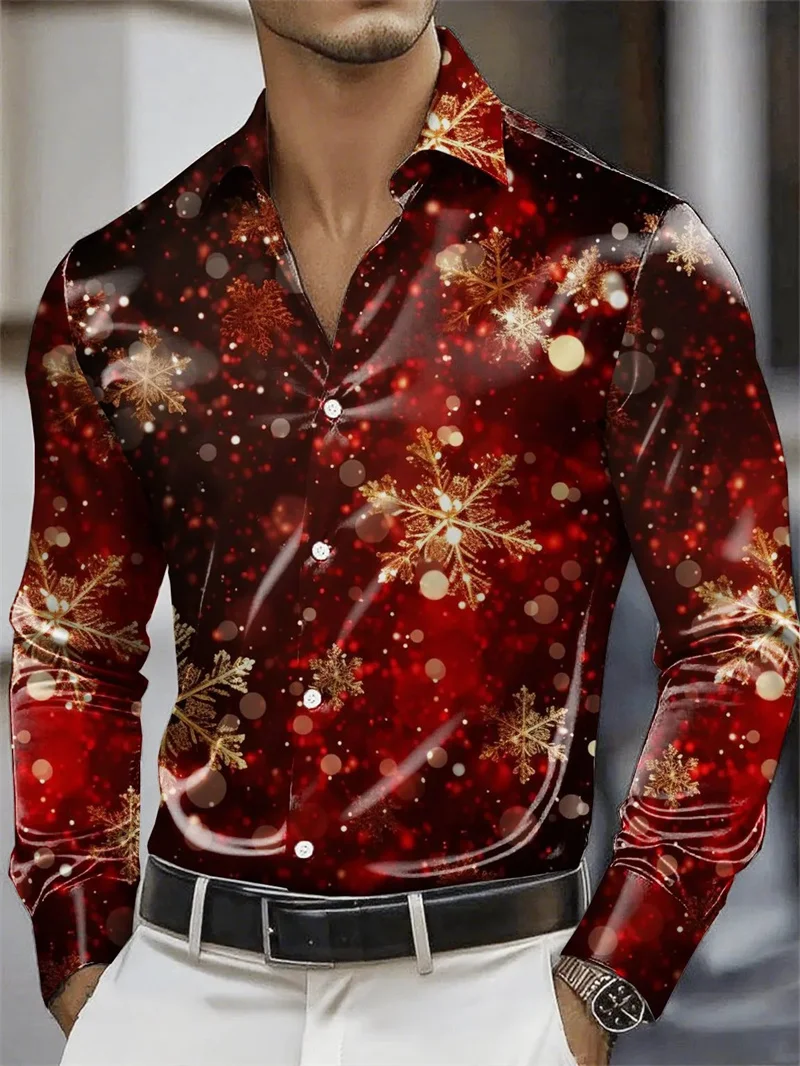 New men's long sleeved shirt with red background, retro rose, pearl, gold chain print, lapel shirt, banquet party top