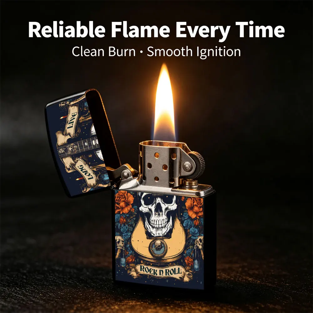 Pocket Lighter, Flip-Top Windproof Design, Metal Case with Guitar Skull Print, Comfortable Grip, Portable Durable, Creative Gift