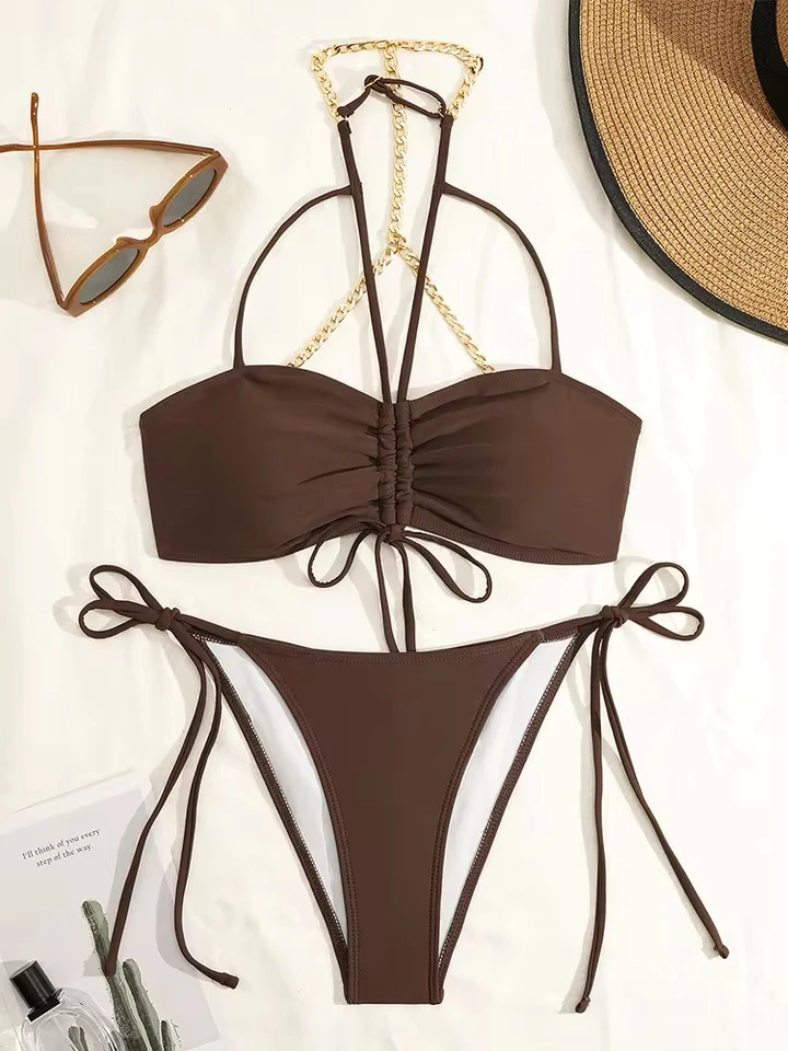 

Vzvn Sexy Solid Chain Lace Up Vacation Bikini Set Women Split Swimsuit Beach Bikini 2026 All Season Backless Bikinis 2 Piece Set