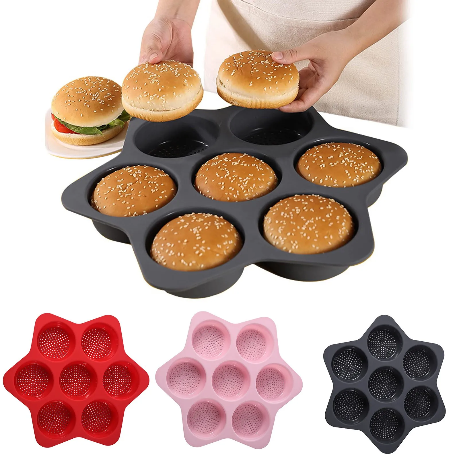 

Six Pointed Star 7 In 1 Silicone Hamburger Baking Pan Silicone Non Stick Baking Pan Practical Kitchen Silicone Bakeware with Lid