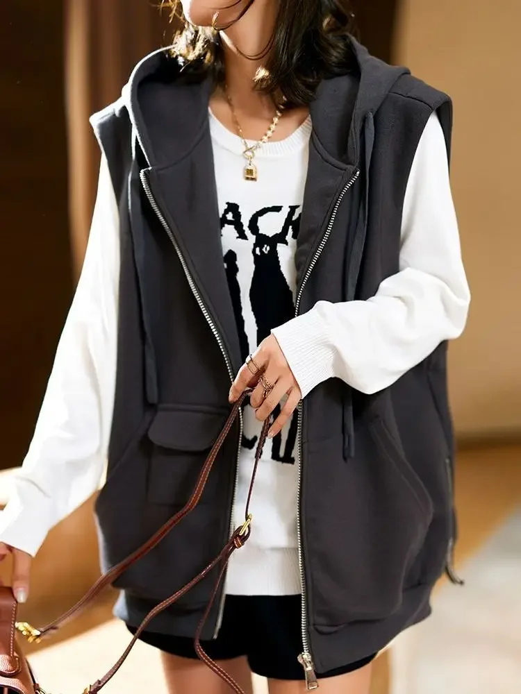 

Свободные базовые жилеты с капюшоном для женщин BF, уличная одежда унисекс, универсальное пальто для отдыха в спортивном стиле, студенческое винтажное пальто без рукавов, осень