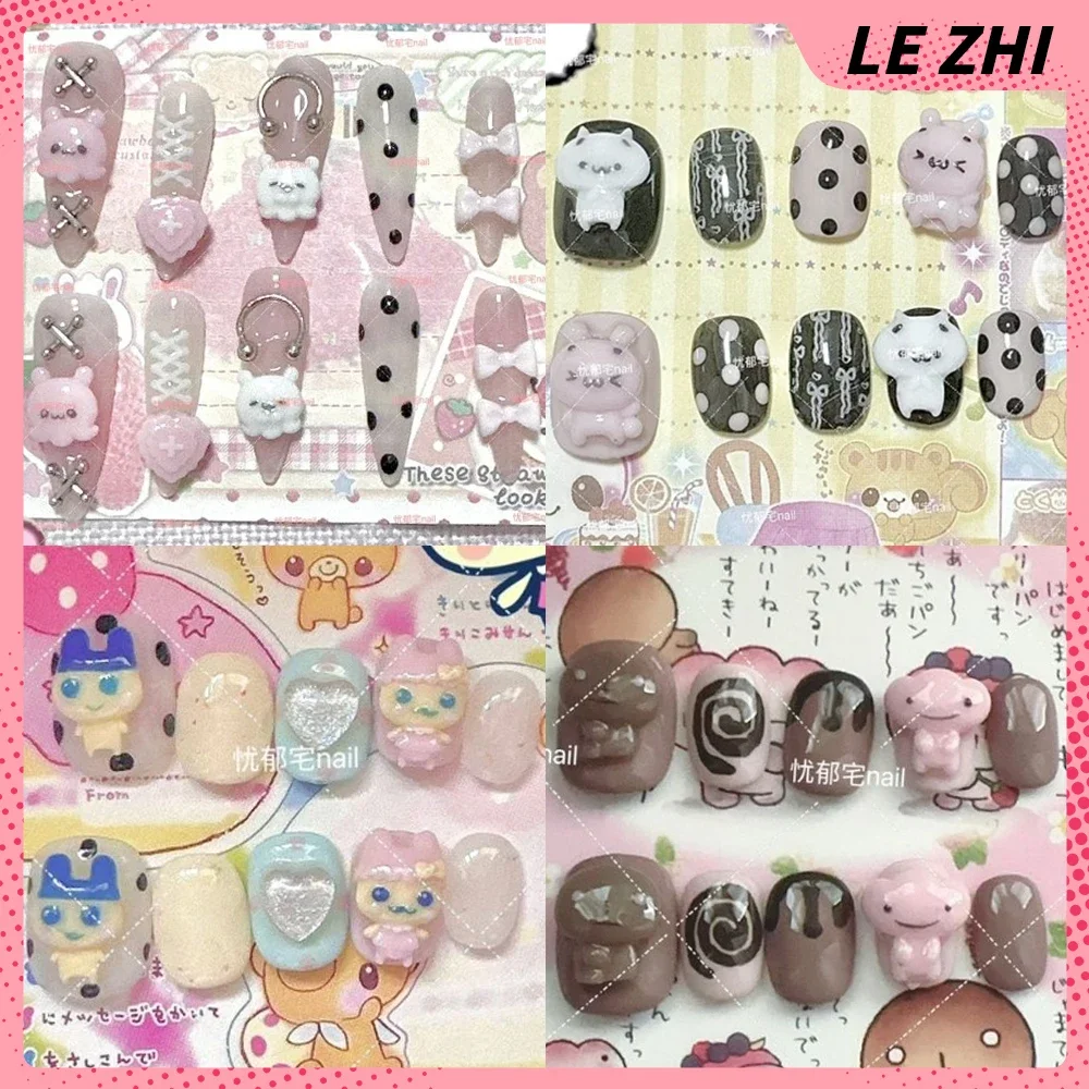

Y2K Sweet Cute Cartoon Anime Rilakkuma Handmade Press On Nails Bowknot Musical Notes Polka Point Wearable Fake Nails