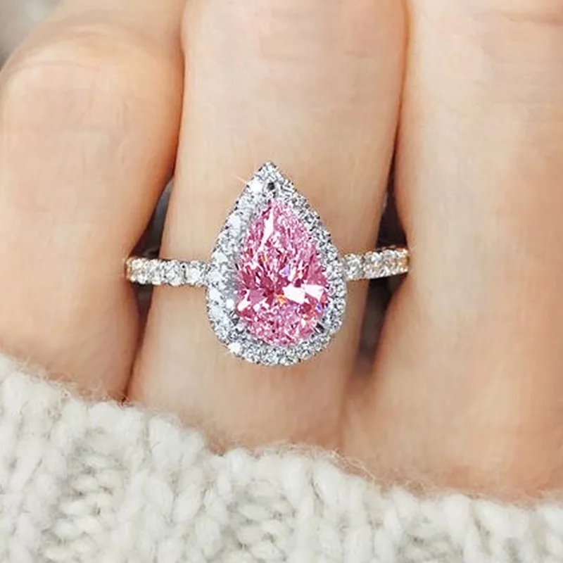 Huitan Pink/Crystal Waterdrop Cubic Zircon Rings for Women Classic Design Eternity Wedding Engagement Rings Silver Color Jewelry