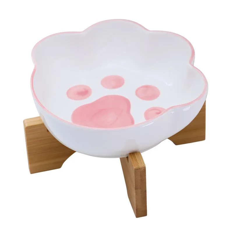 Pet Drinking Bowl Cat Paw Shape Pet Ceramic Bowl with Bamboo Stand Cat Bowl Dog Bowl Food Container Cat and Dog Feeding Supplies