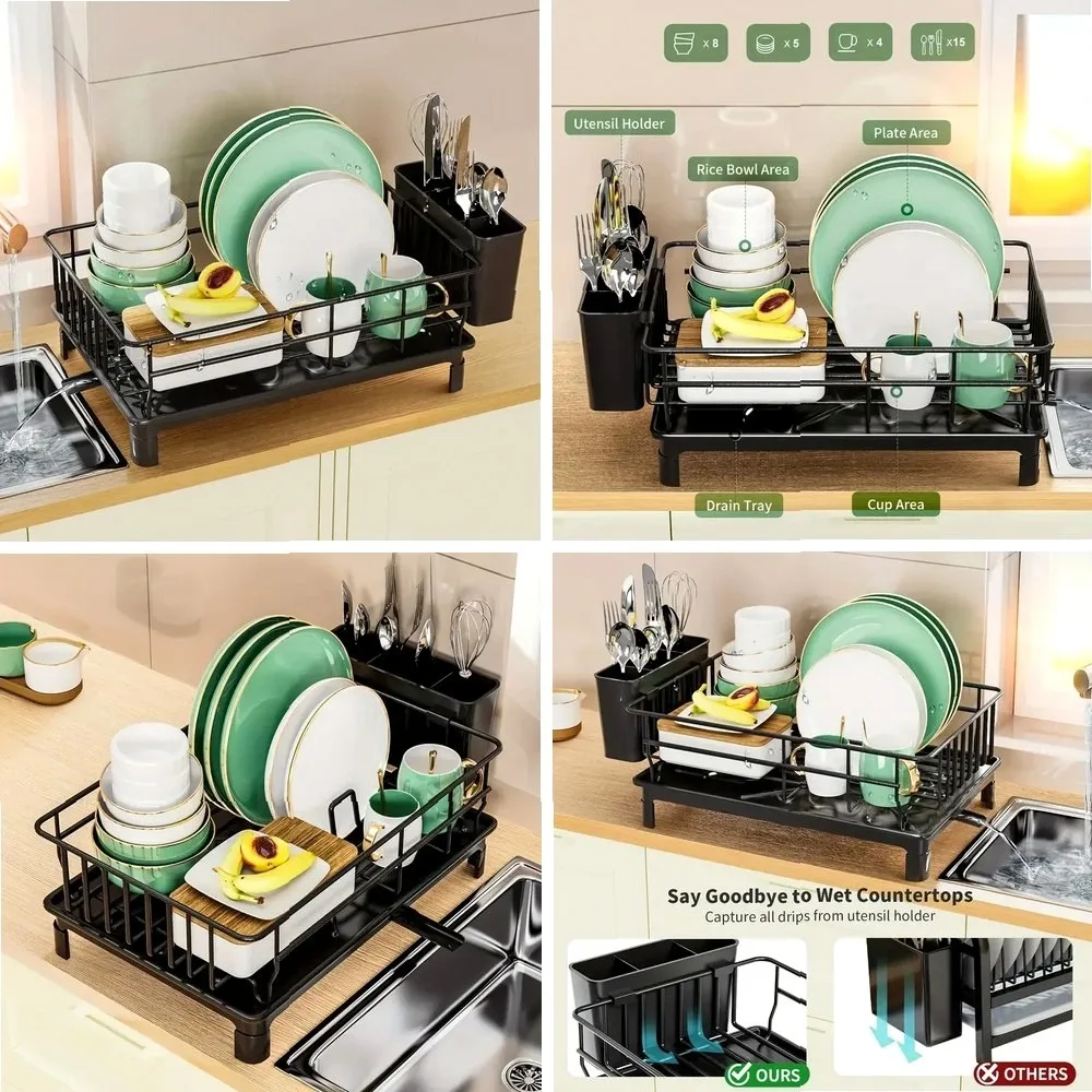 

Stainless Steel Dish Drying Rack with Utensil Holder & Drain Board, Kitchen Sink Organizer