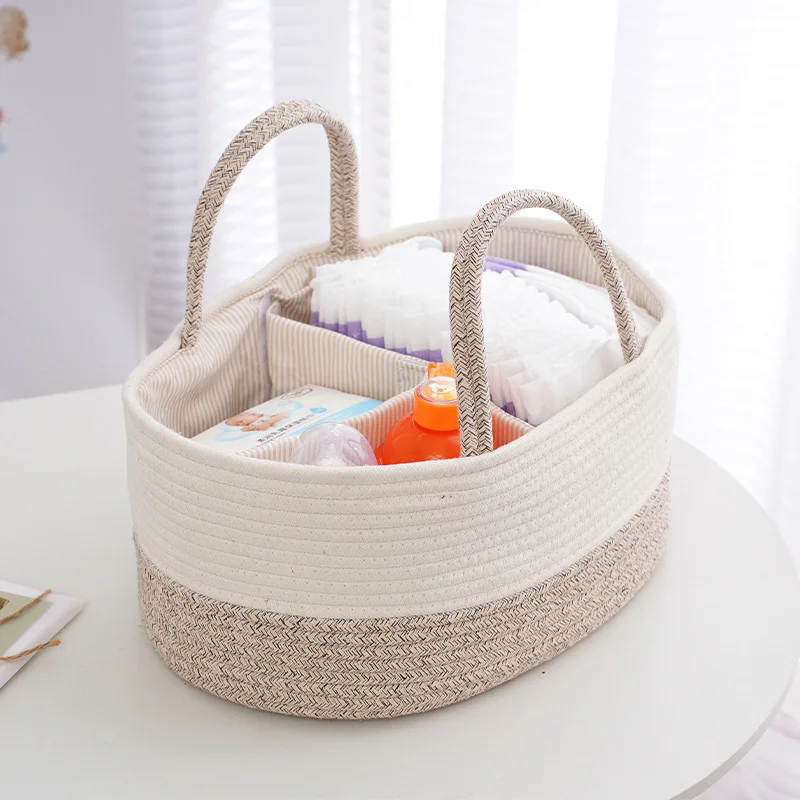 

Baby Diaper Storage Basket with Handle Travel Portable Large Capacity Baby Products Organizer Basket Cotton Rope Mommy Bag